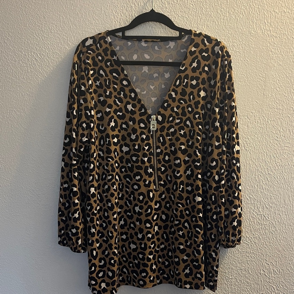 Michael Kors Brown and Black Leopard Print V-Neck Zip blouse/top